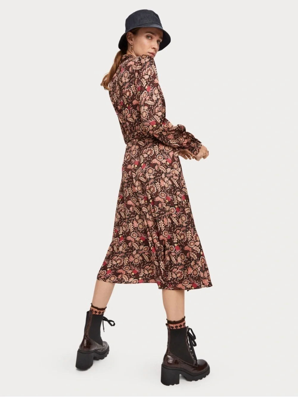 Scotch & Soda Brown Floral Midi Dress with Pink Accents - Picture 3 of 10